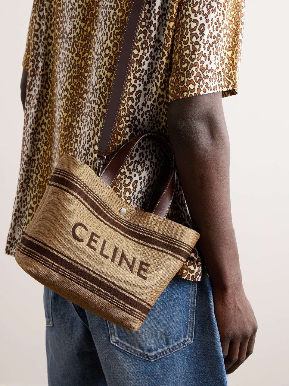 CELINE Cabas Mini Leather-Trimmed Logo-Embroidered Raffia Tote Bag
