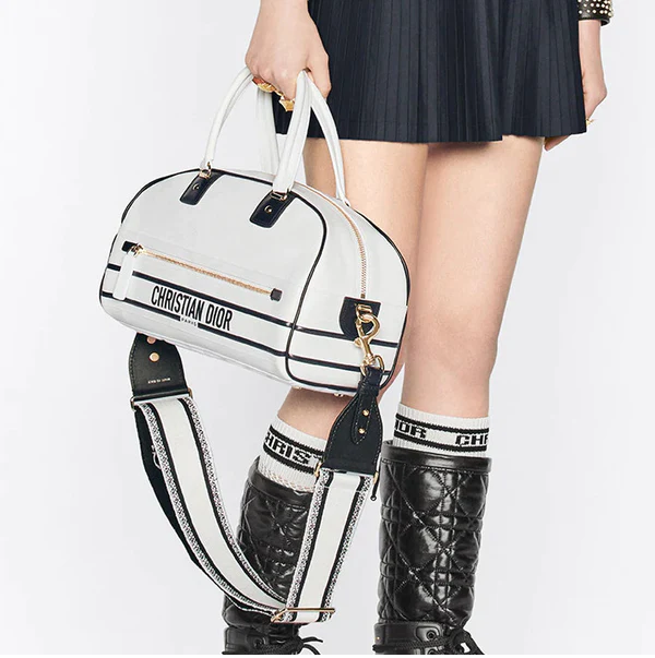 CHRISTIAN DIOR White Quilted Leather Medium Vibe Bowling Bag