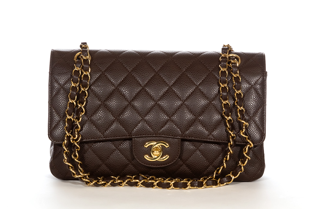 CHANEL Classic Quilted Double Flap Medium Brown Caviar Leather Shoulder Bag
