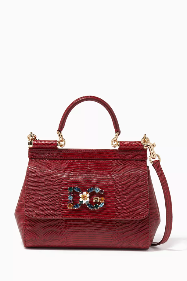 Dolce & Gabbana Burgundy Small Miss Sicily Iguana Leather Bag