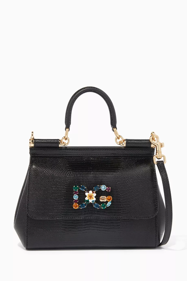 Dolce & Gabbana Black Small Miss Sicily Iguana Leather Bag