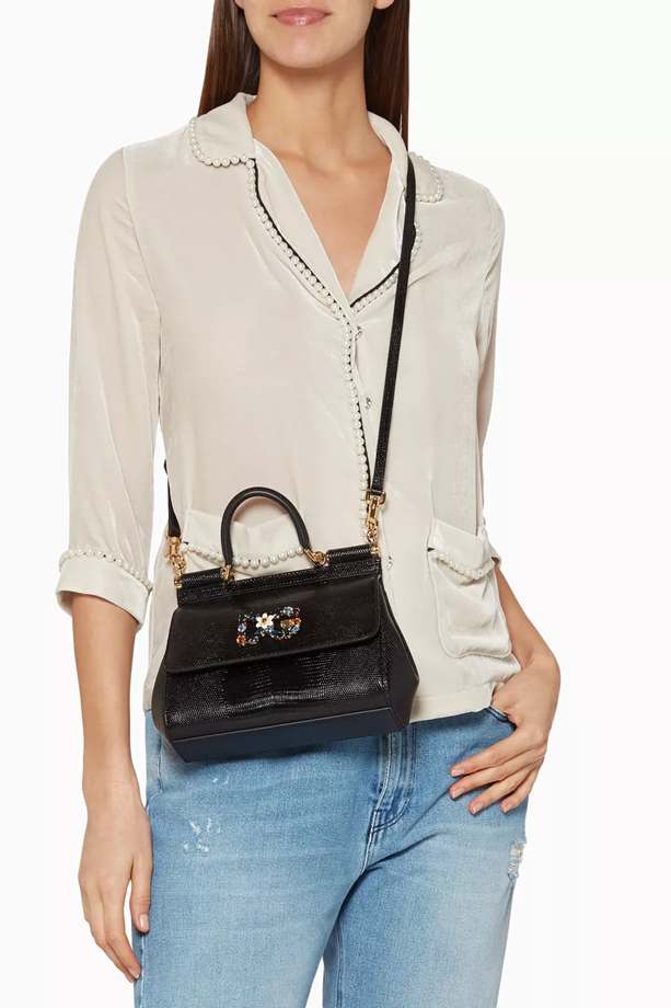 Dolce & Gabbana Black Small Miss Sicily Iguana Leather Bag