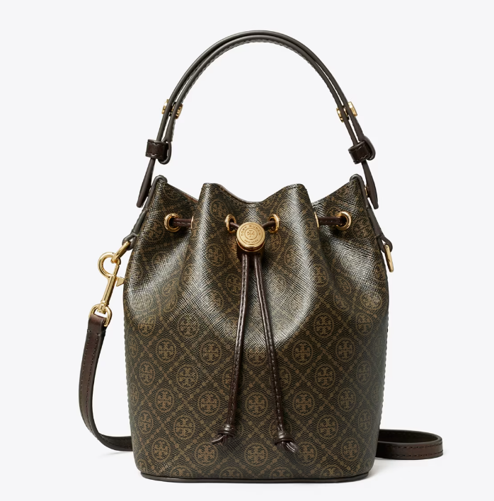 TORY BURCH MONOGRAM COATED CANVAS MINI BUCKET BAG