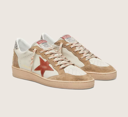 Golden Goose Women’s Ball Star in cream leather with brick-red leather star and suede inserts