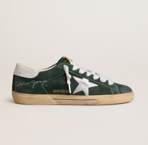 Golden Goose Men's Super-Star in green suede with silver metallic leather star and leather heel tab