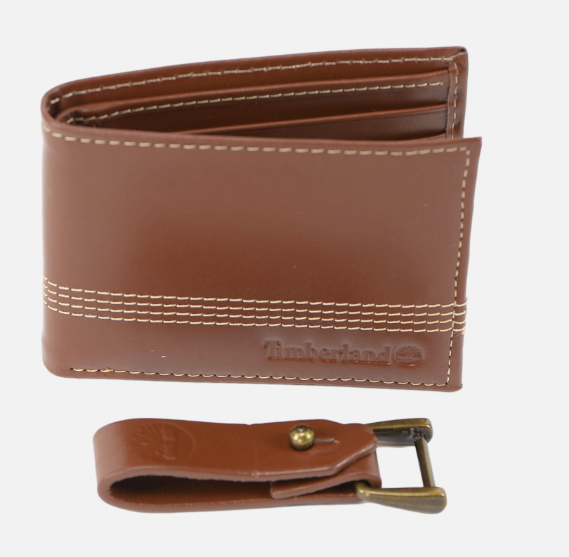 Original Timberland Men's Genuine Leather Bifold Wallet with Leather Key FOB