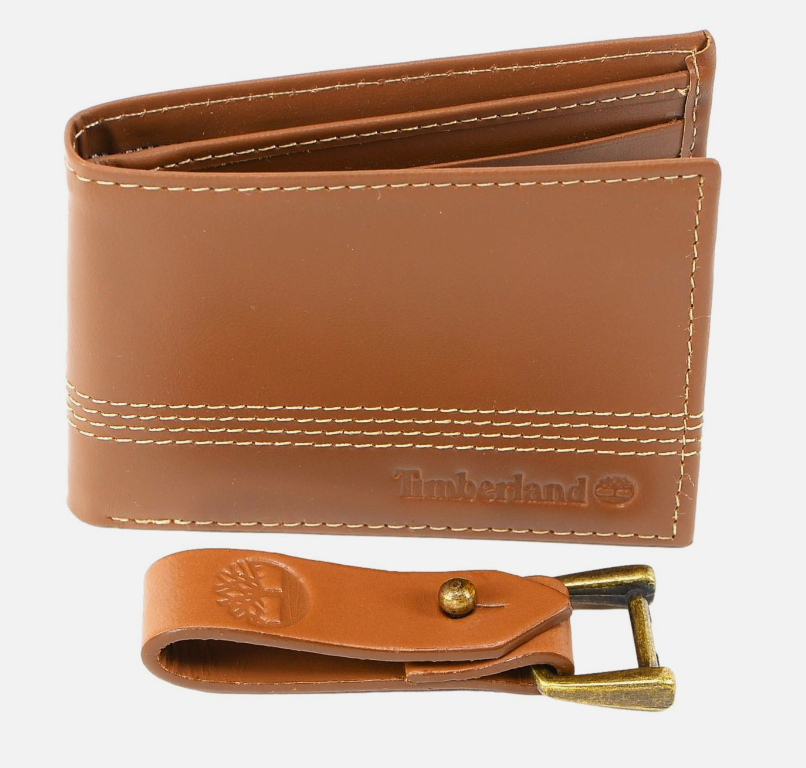 Original Timberland Men's Genuine Leather Bifold Wallet with Leather Key FOB