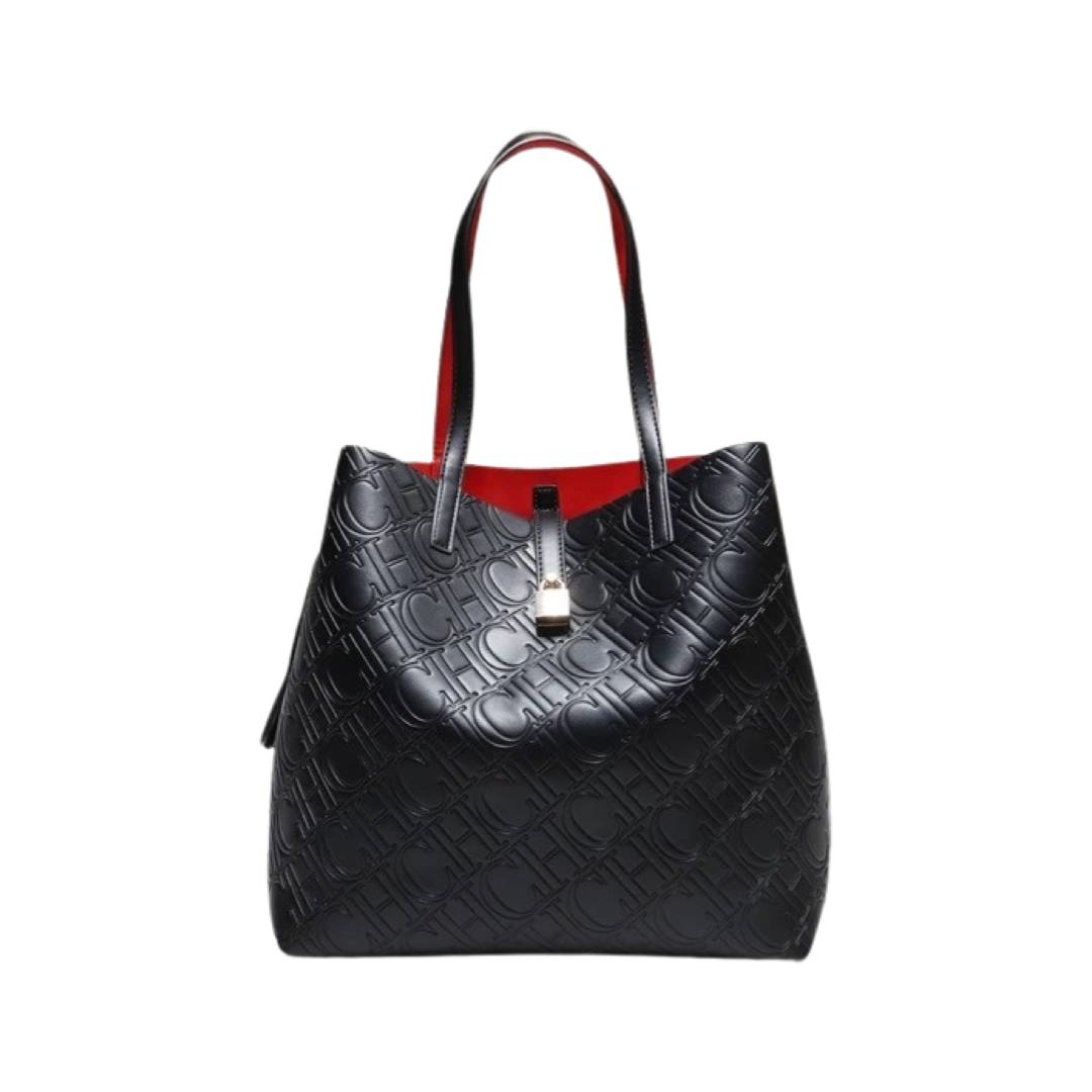 Carolina Herrera Monogram Embossed Leather Large Locked Tote Bag