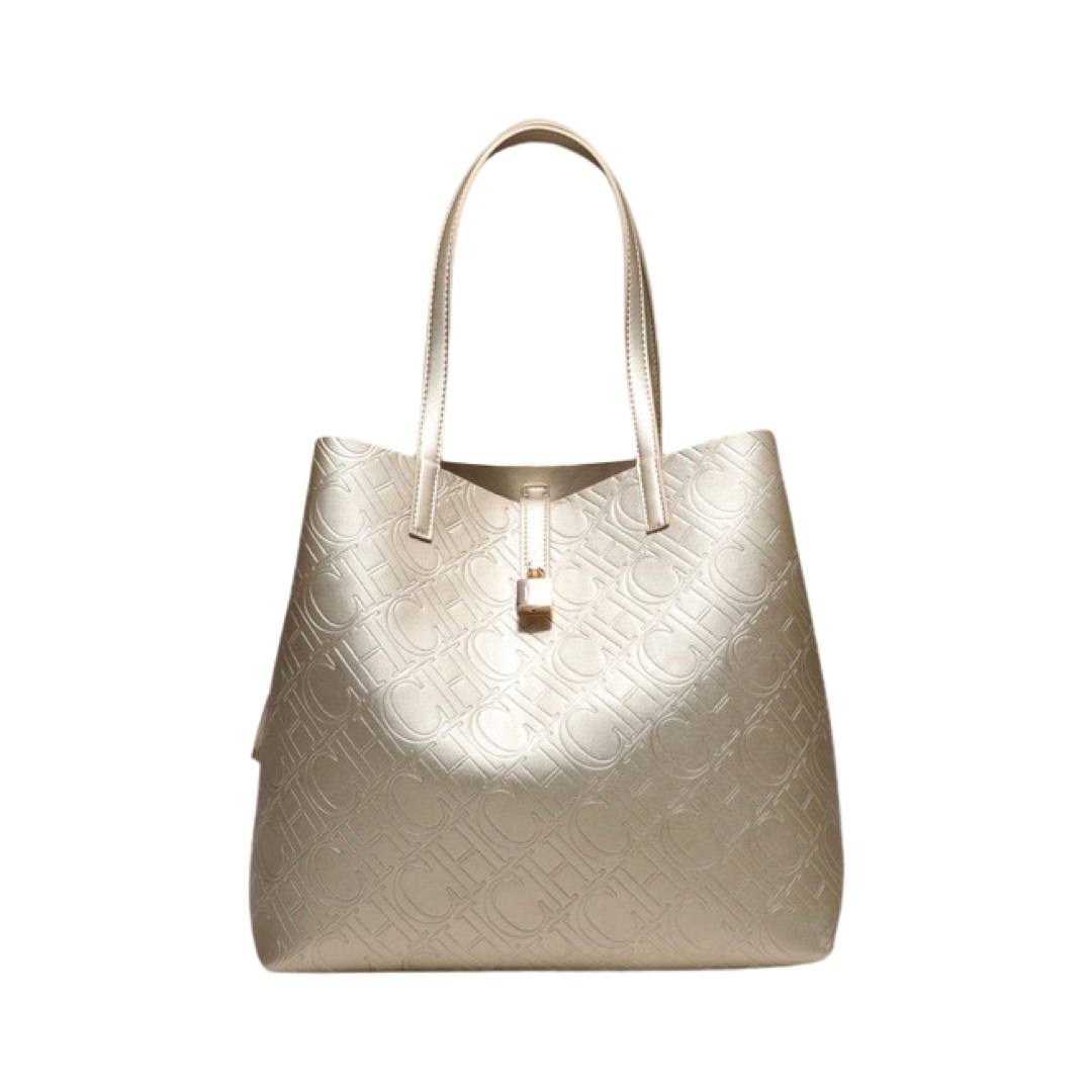 Carolina Herrera Monogram Embossed Leather Large Locked Tote Bag