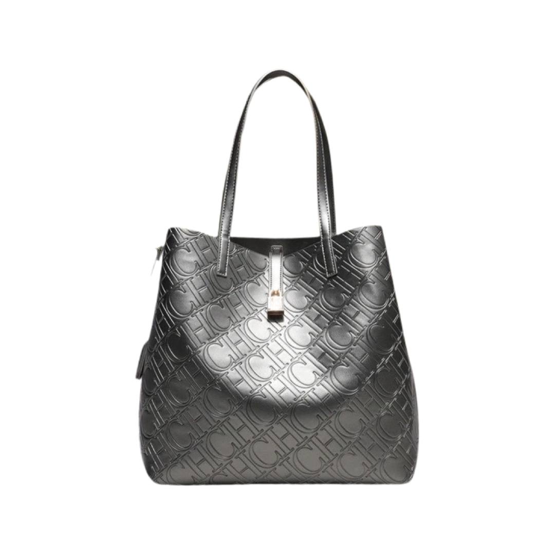 Carolina Herrera Monogram Embossed Leather Large Locked Tote Bag