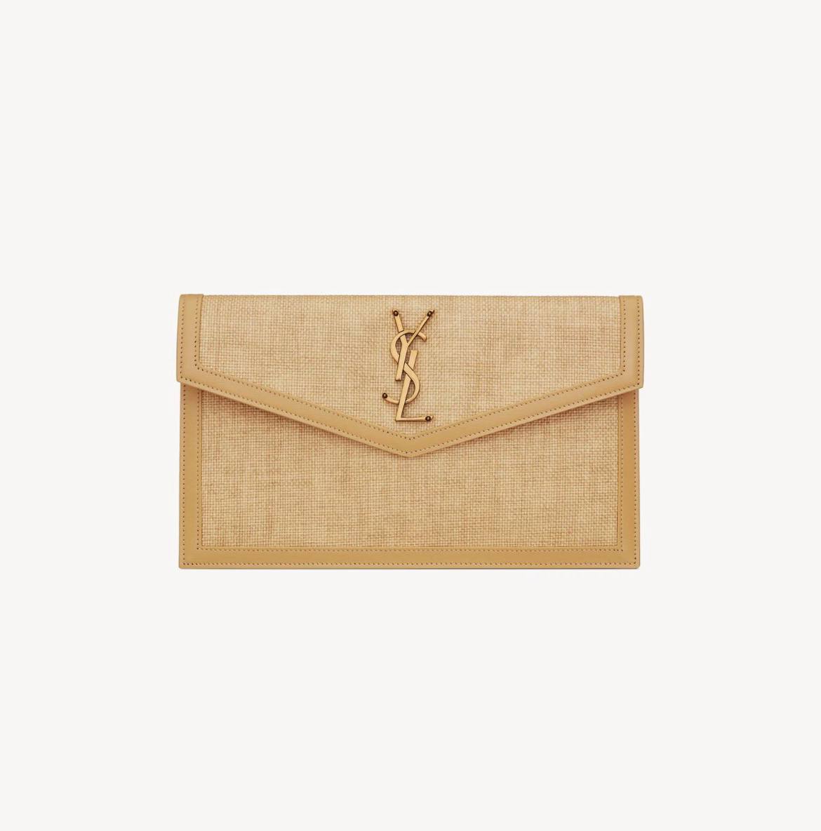 YSL UPTOWN POUCH IN MICRO RAFFIA NATURAL HAY & BLUSHYSL