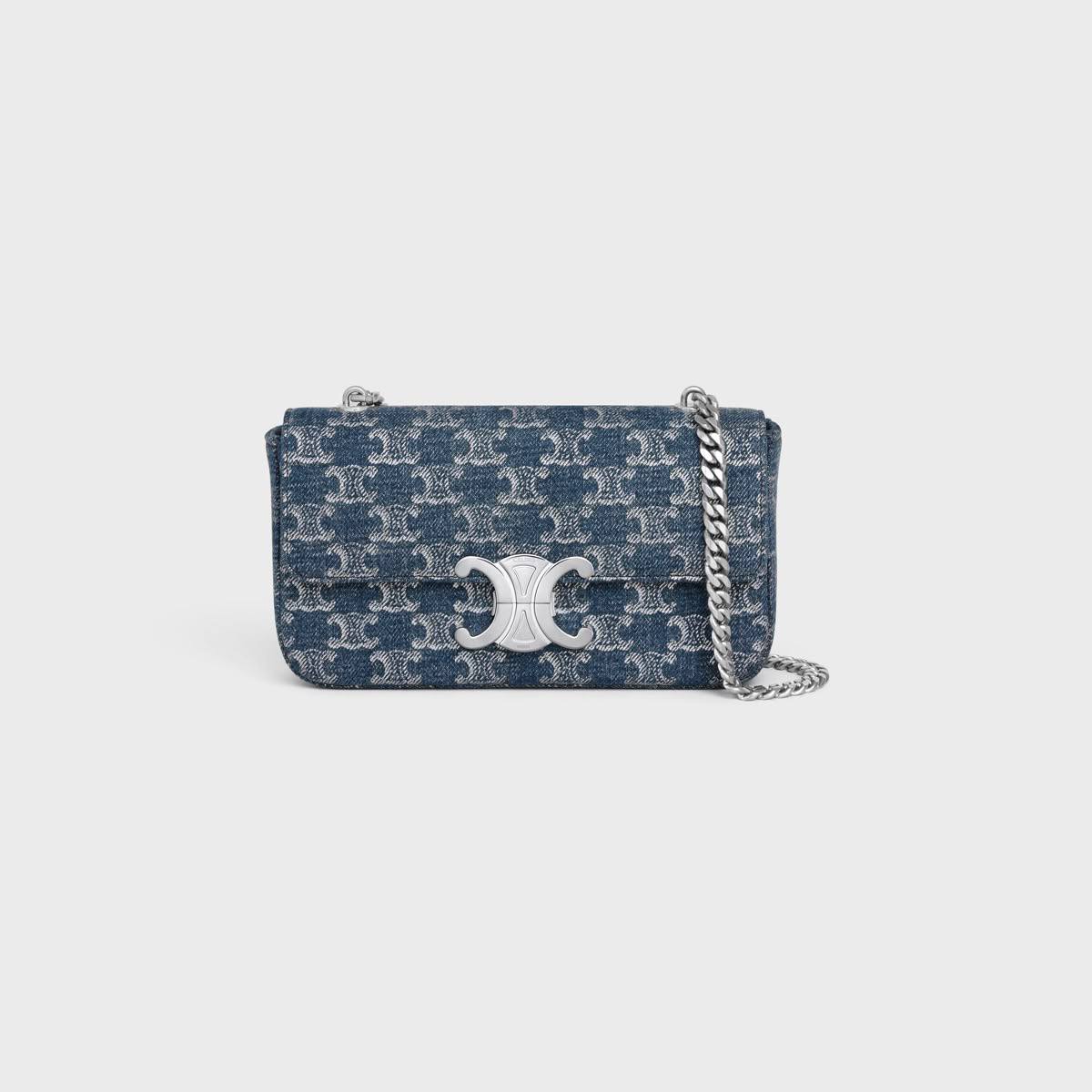 CHAIN SHOULDER BAG CLAUDE IN DENIM WITH TRIOMPHE ALL-OVER