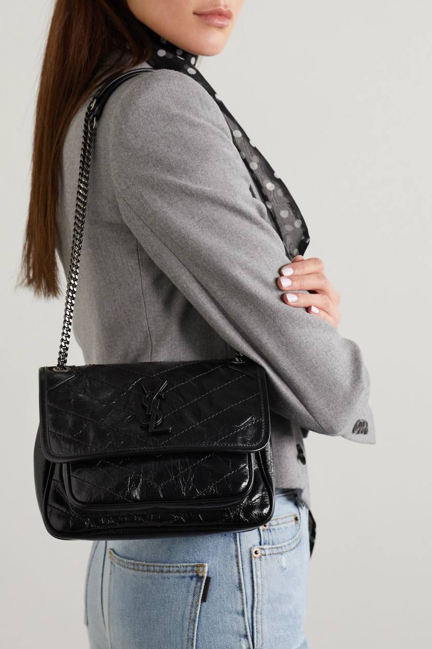 SAINT LAURENT NIKI Medium quilted crinkled glossed-leather shoulder bag