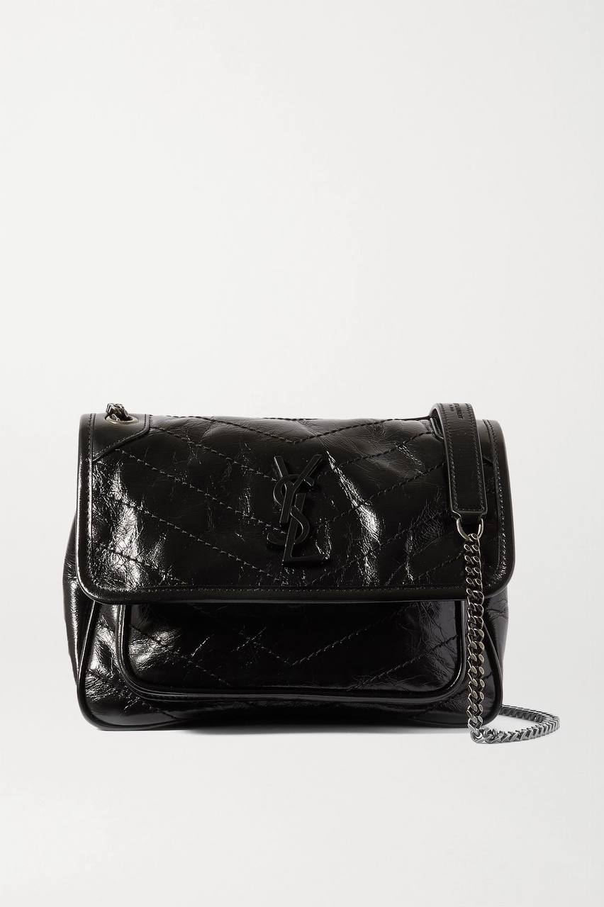 SAINT LAURENT MINI QUILTED CRINKLED GLOSSED-LEATHER SHOULDER BAG