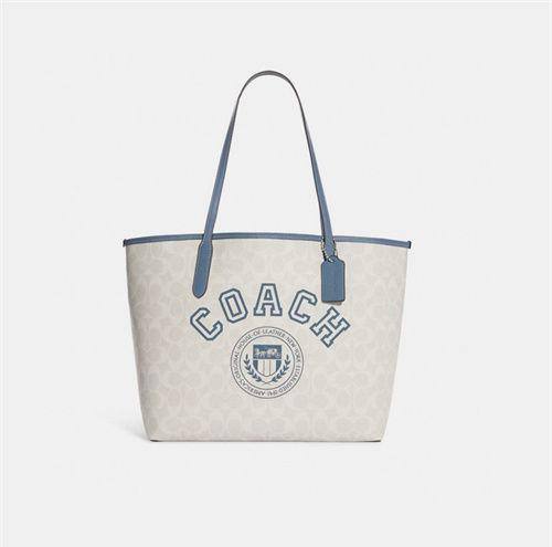 Coach City Tote In Signature Canvas With Varsity Motif