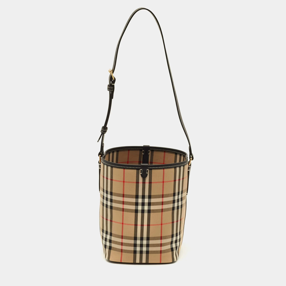 Burberry Ashby Archive Beige Check Fabric and Leather Bucket Bag