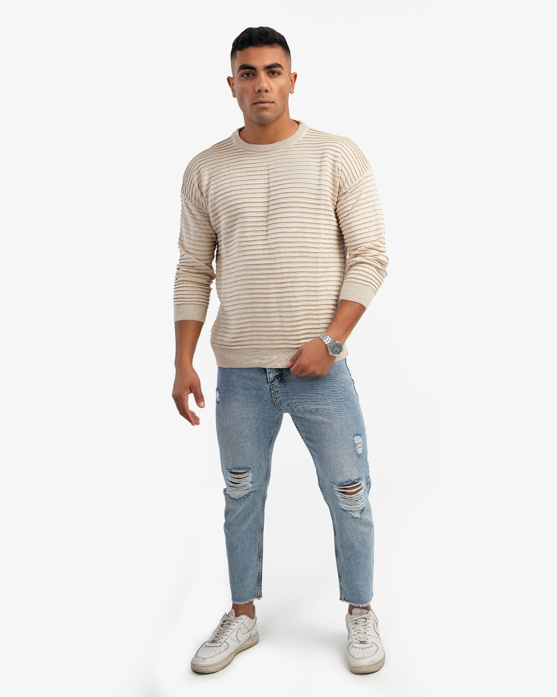 Men’s Crew Neck Ripped Pullover In Beige