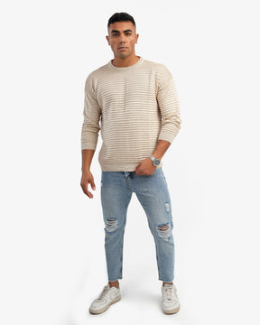 Men’s Crew Neck Ripped Pullover In Beige