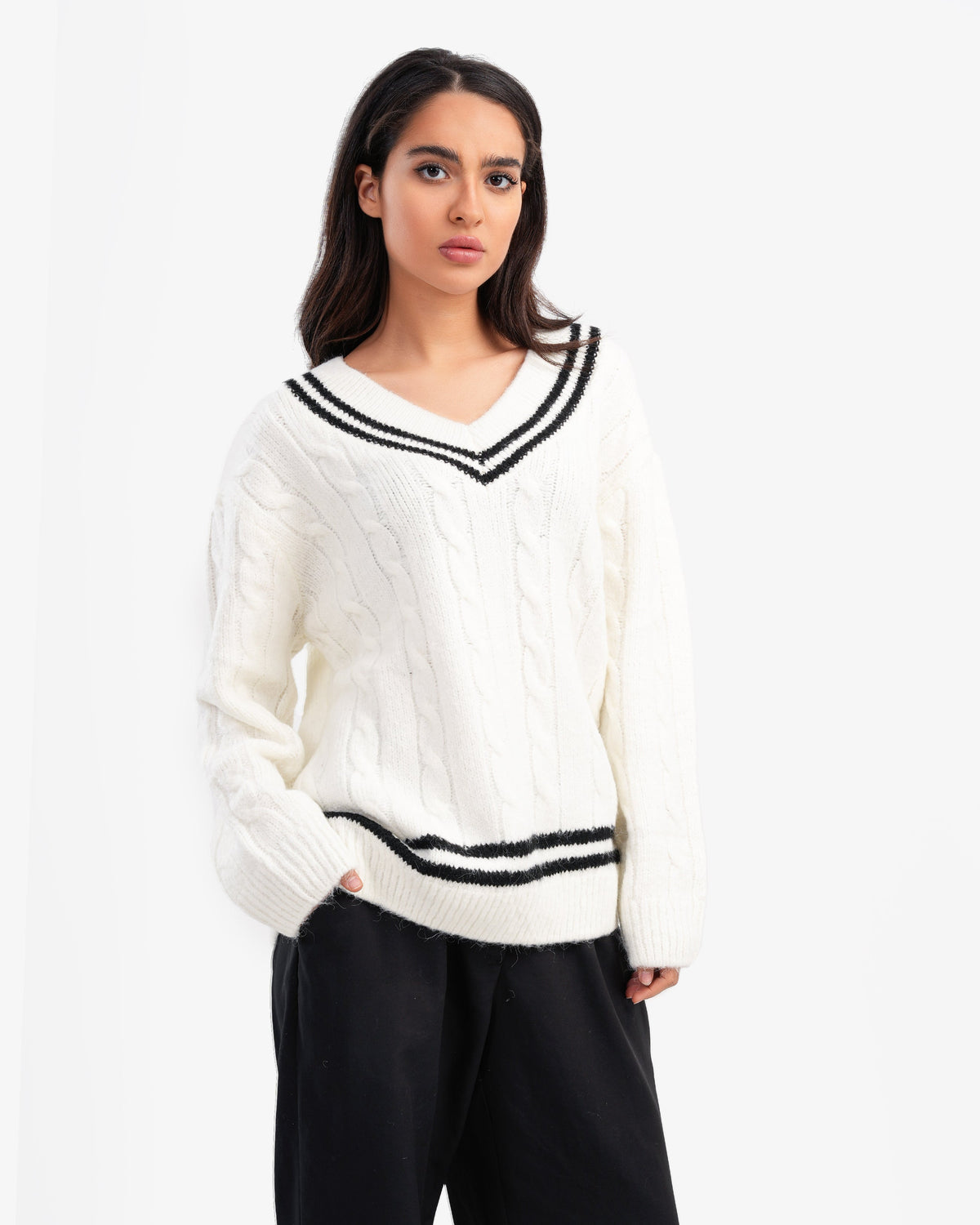 Women's Braided V Neck Pullover In White