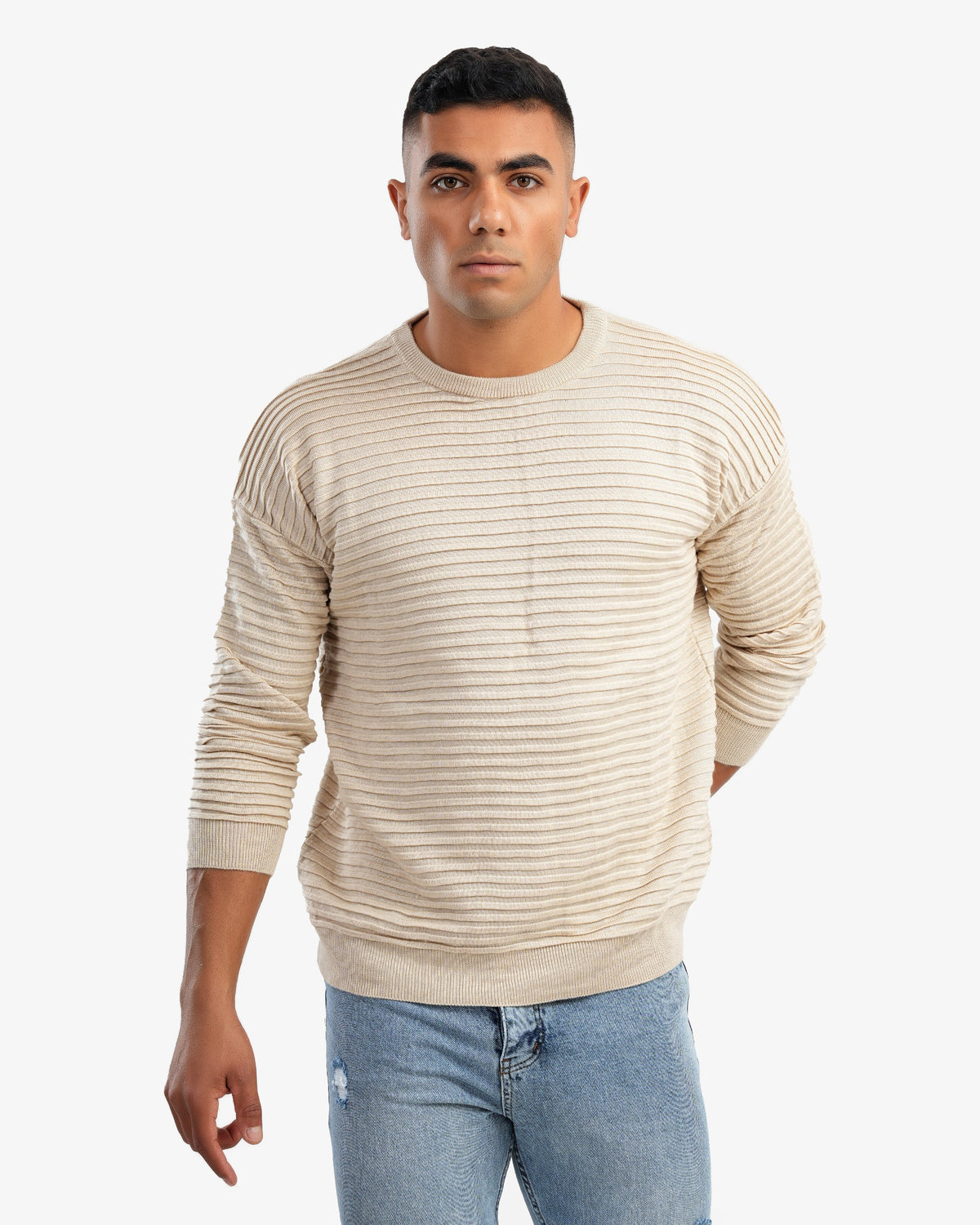 Men’s Crew Neck Ripped Pullover In Beige