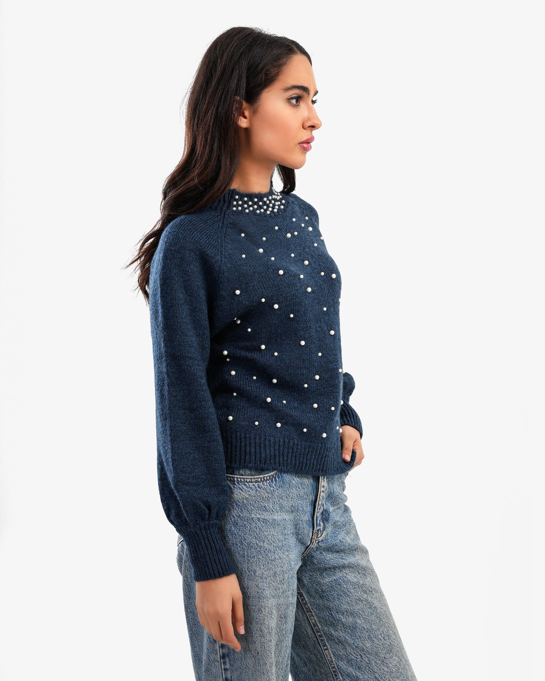 Women's Knitted Sweater With Pearls In Navy