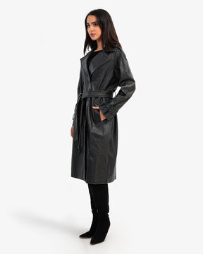 Women's Water Repellent Leather Belted Trench Coat In Black