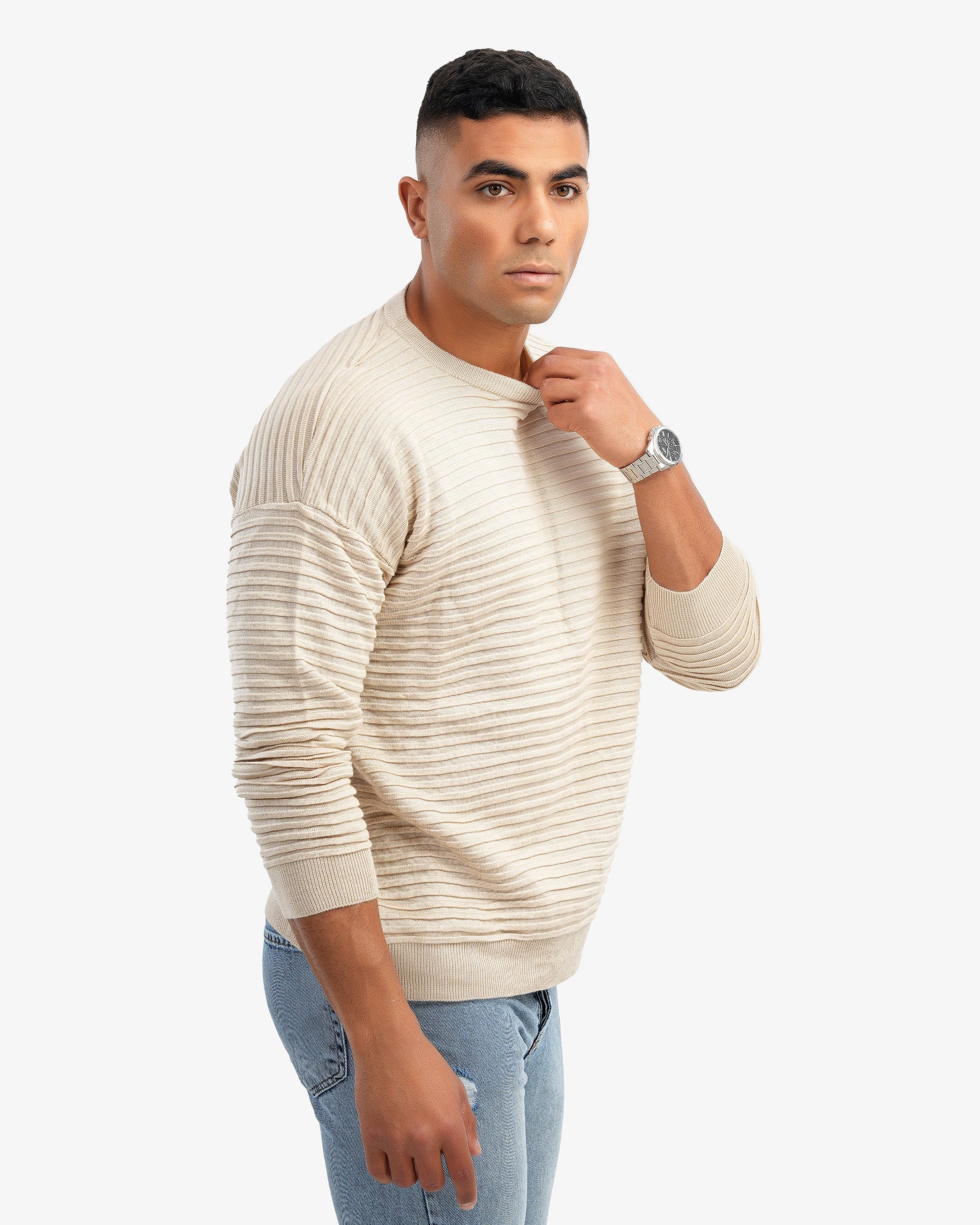 Men’s Crew Neck Ripped Pullover In Beige