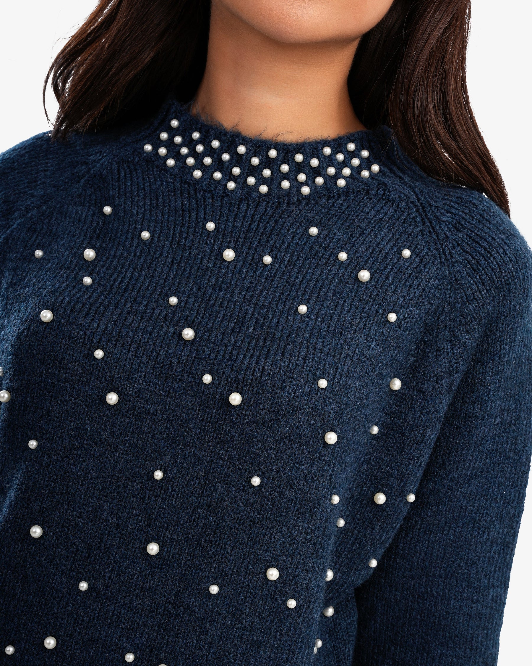 Women's Knitted Sweater With Pearls In Navy