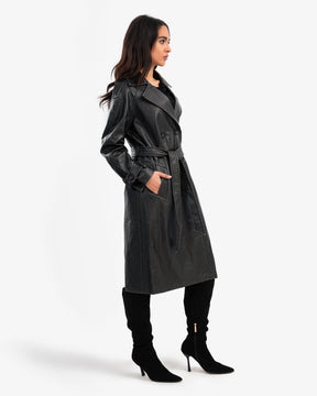 Women's Water Repellent Leather Belted Trench Coat In Black