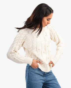 Women's Braided Knitted Sweater In Off White