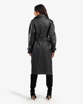 Women's Water Repellent Leather Belted Trench Coat In Black