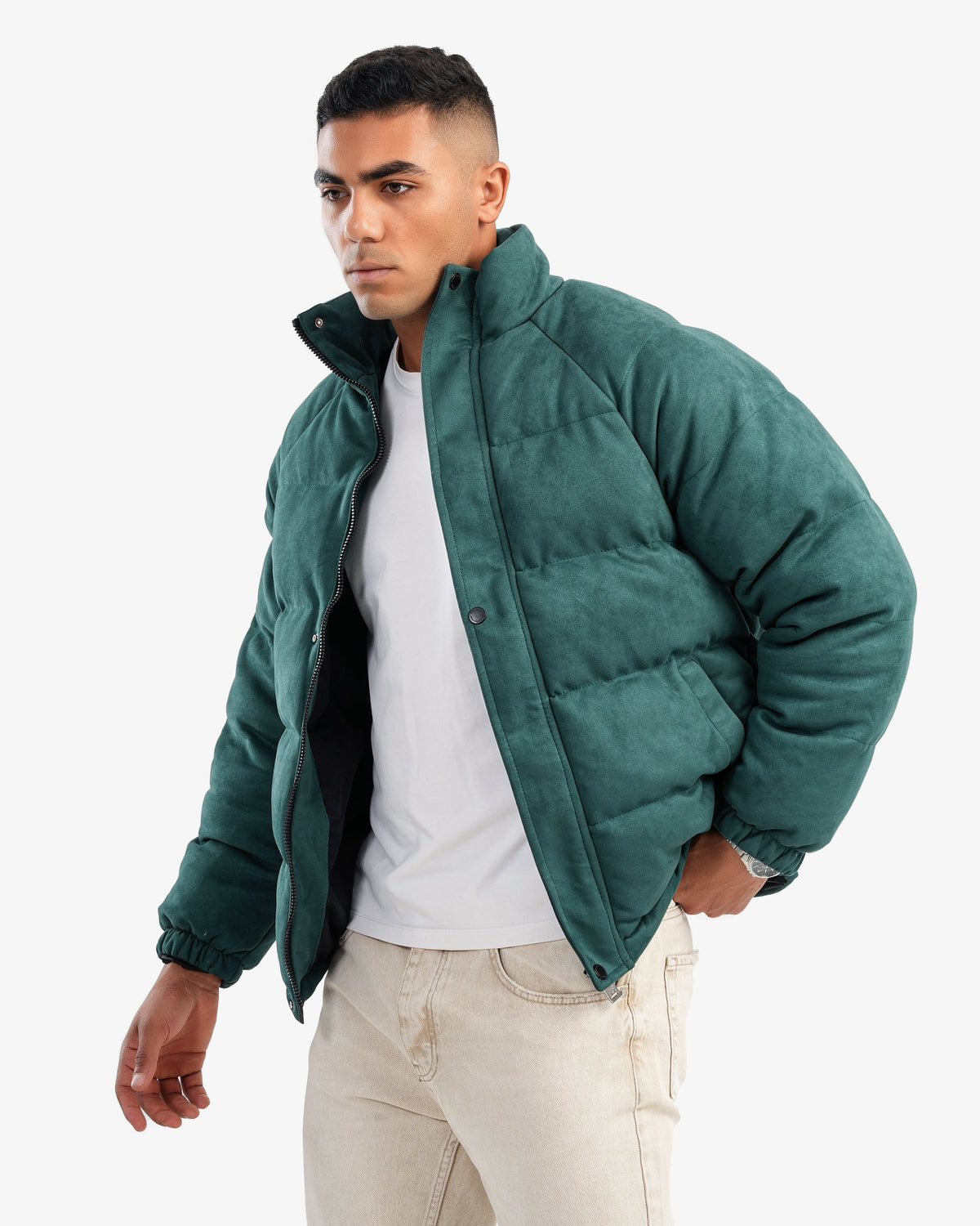 Men's High Collar Puffer Jacket In Green