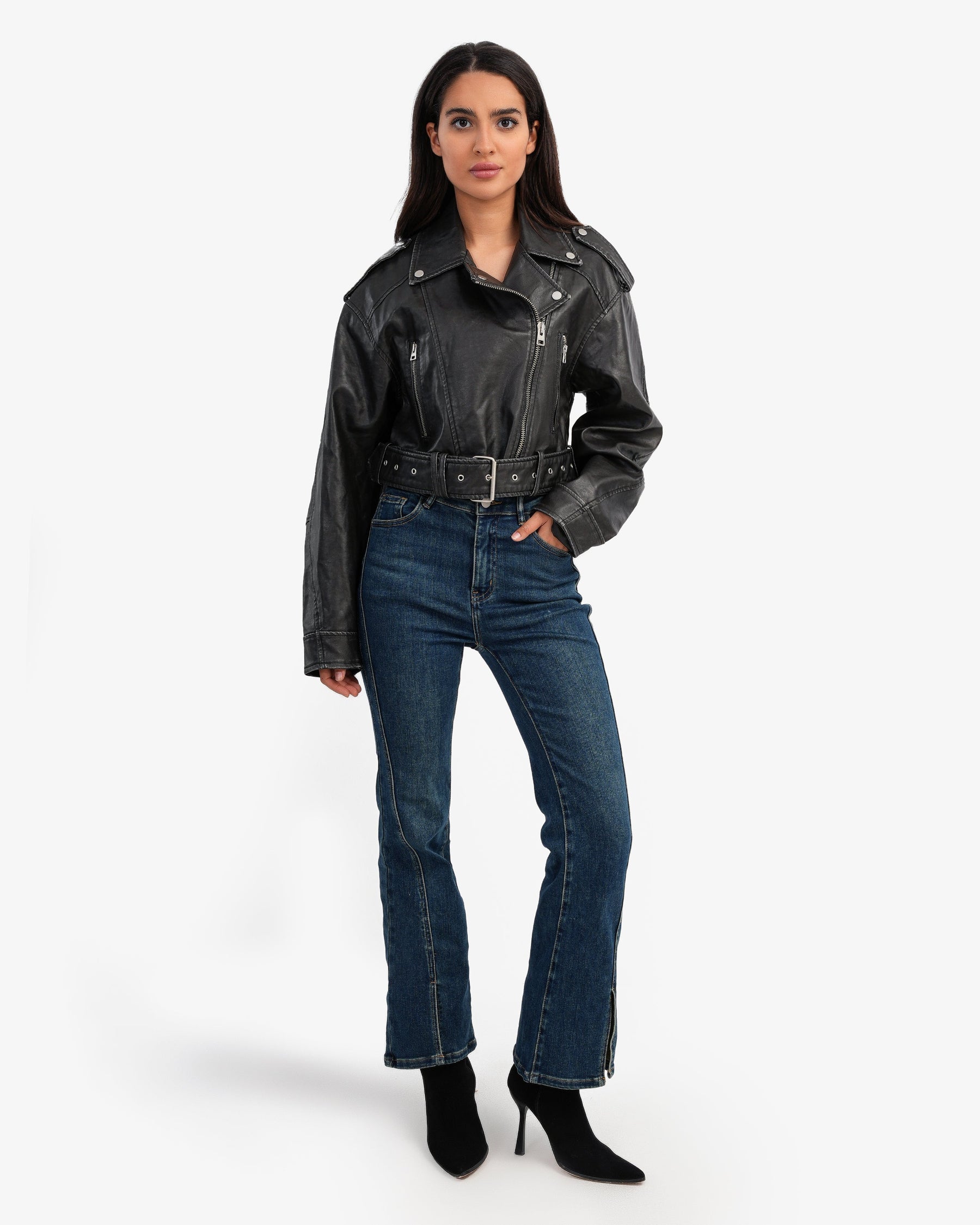 Women's Leather Biker Jacket In Black