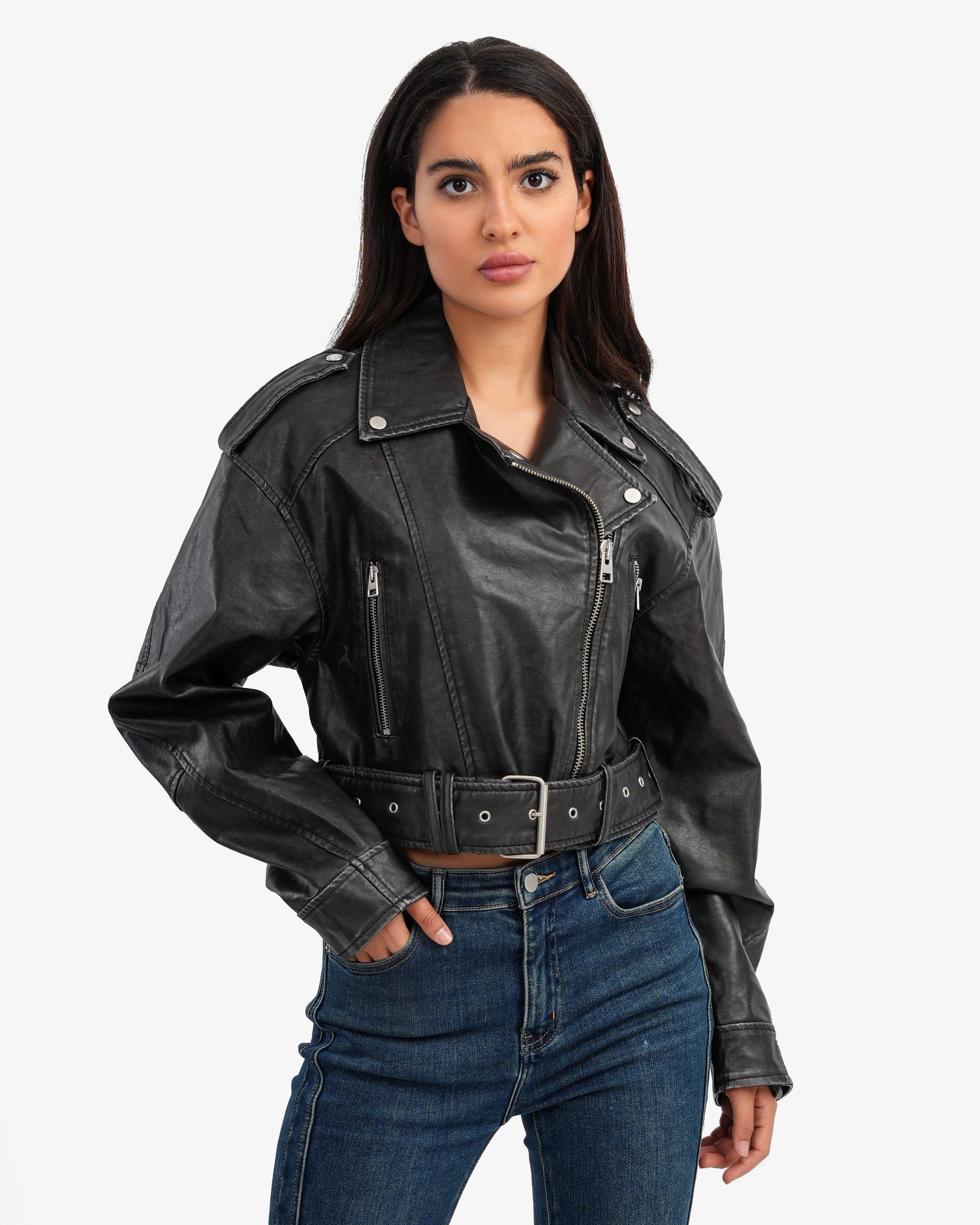 Women's Leather Biker Jacket In Black