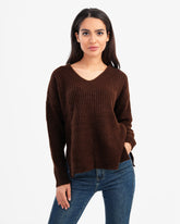 Women's Ribbed V Neck Pullover In Brown