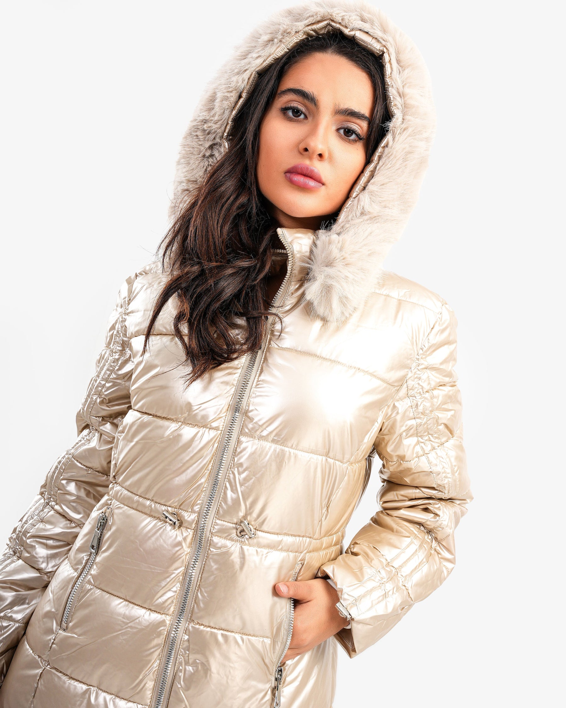 Women's Long Waterproof Puffer Coat In Gold