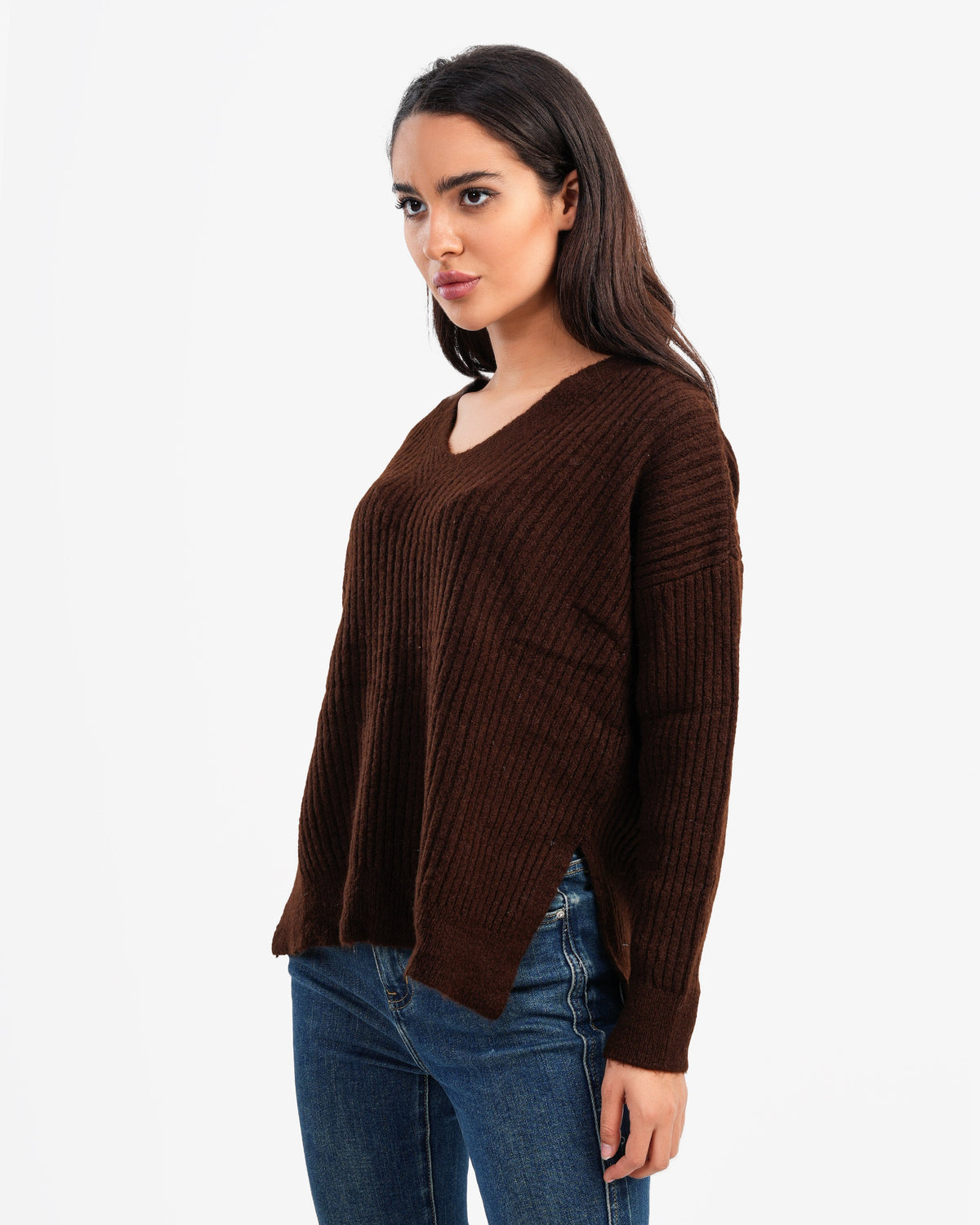 Women's Ribbed V Neck Pullover In Brown