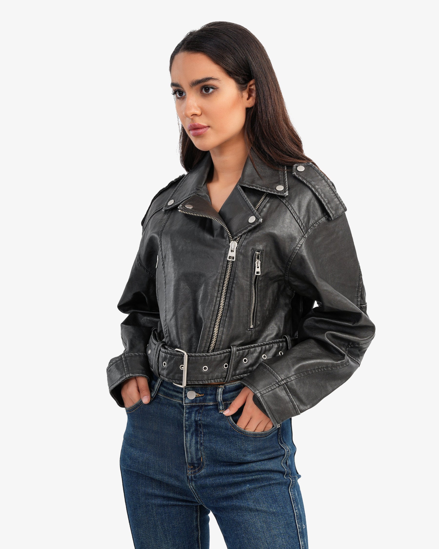 Women's Leather Biker Jacket In Black