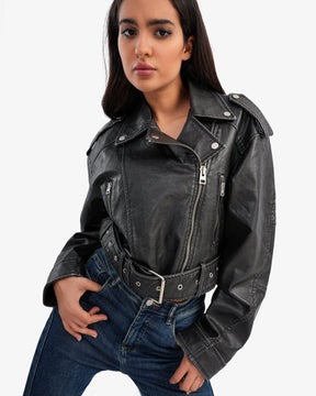 Women's Leather Biker Jacket In Black