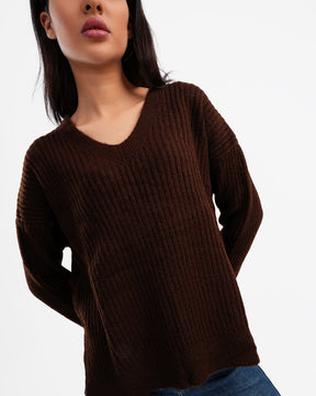 Women's Ribbed V Neck Pullover In Brown