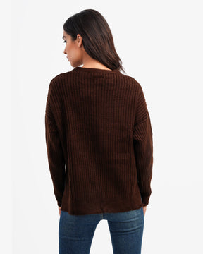 Women's Ribbed V Neck Pullover In Brown