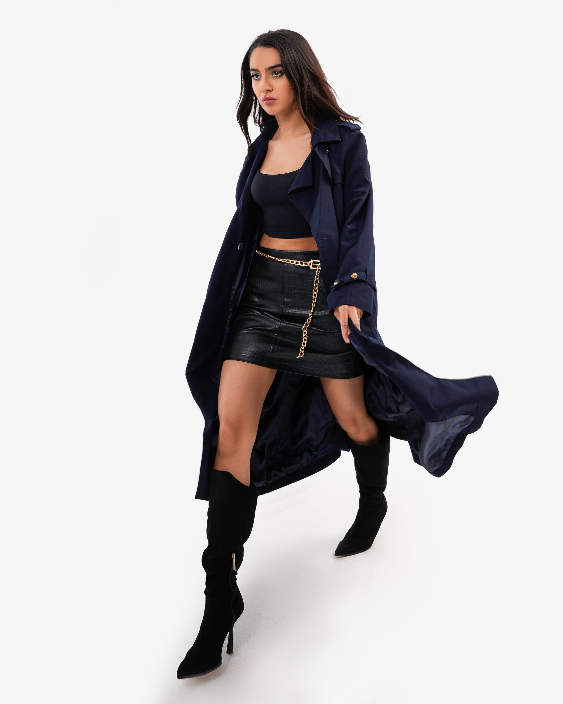 Women's Trench Coat With Gold Toned Buttons In Dark Blue