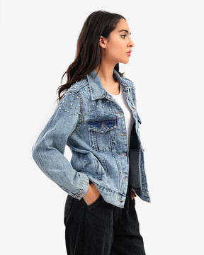 Women's Blue Denim Jacket With Stones