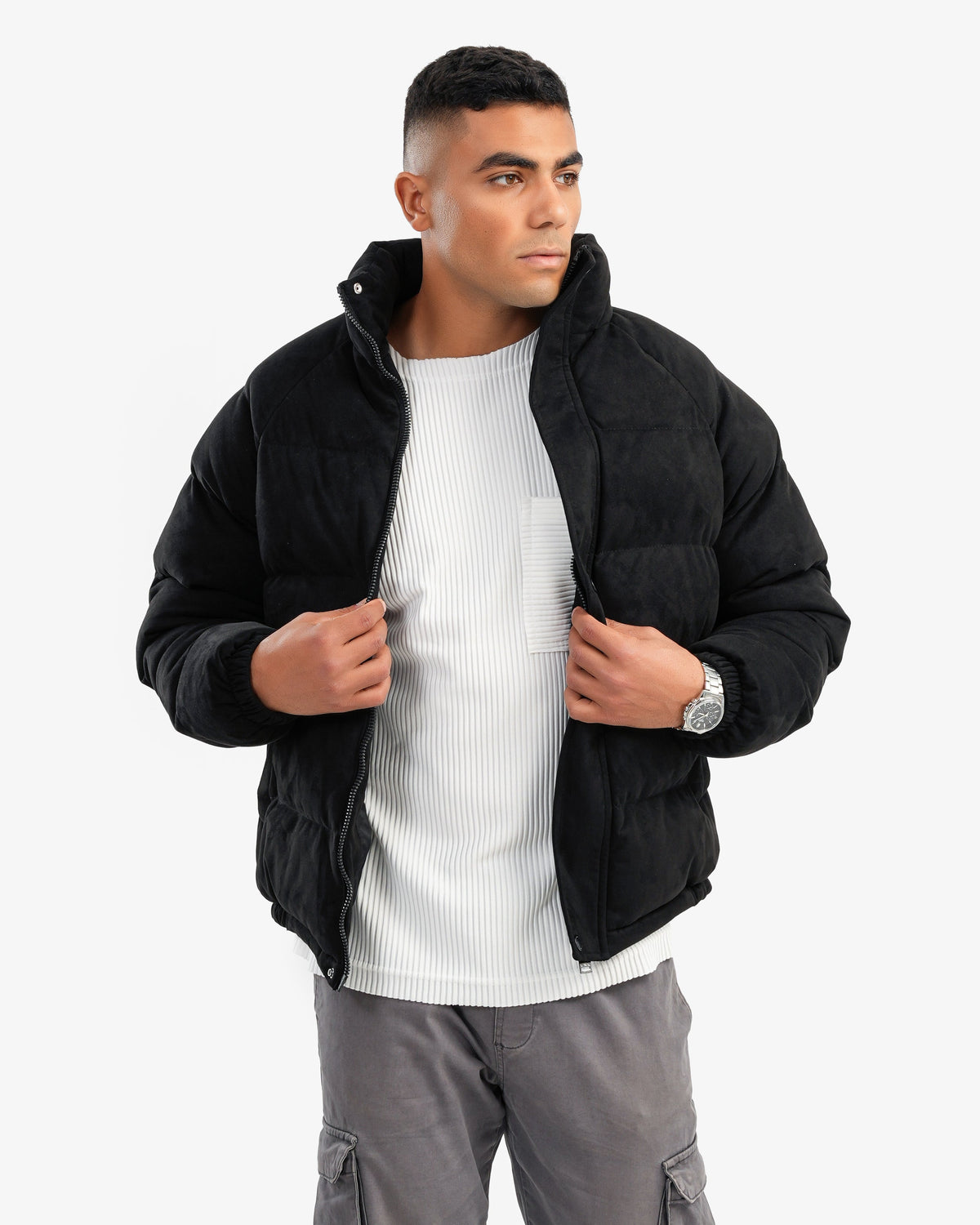 Men's High Collar Puffer Jacket In Black