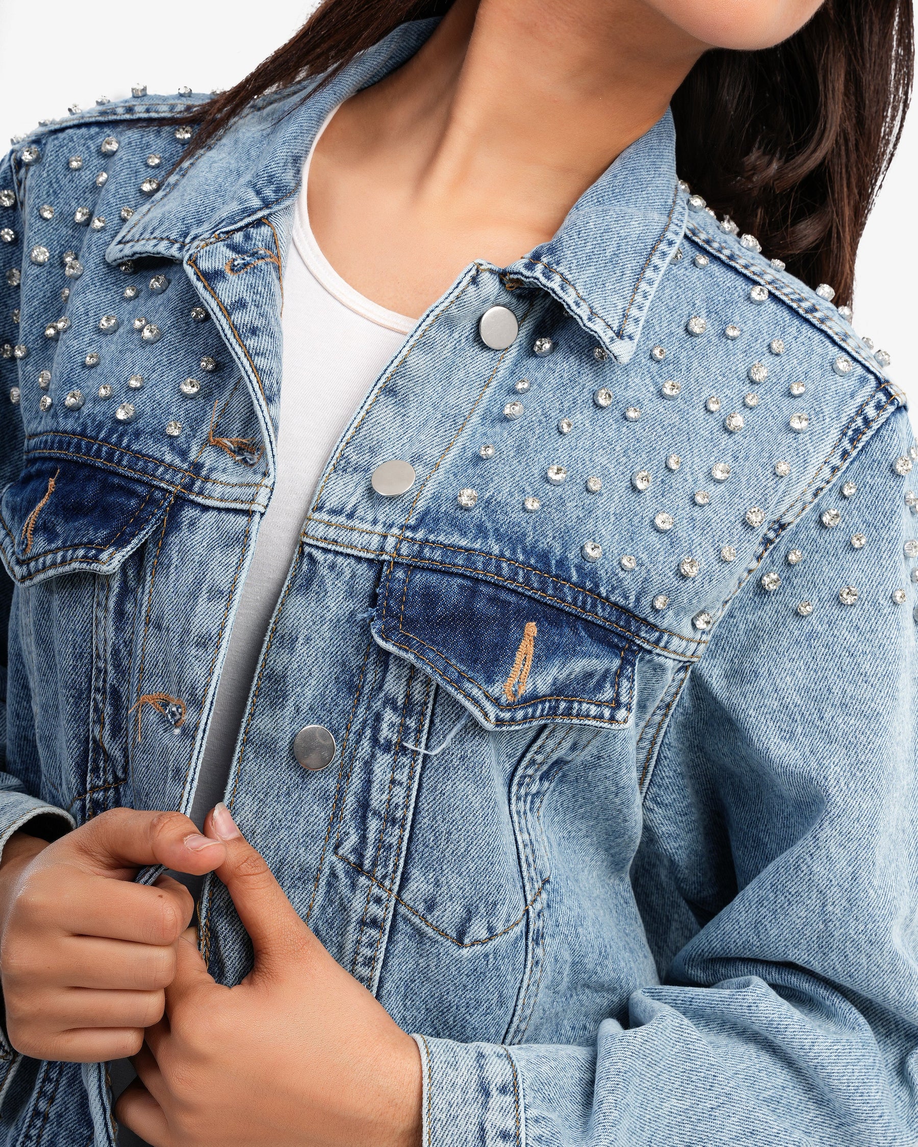 Women's Blue Denim Jacket With Stones