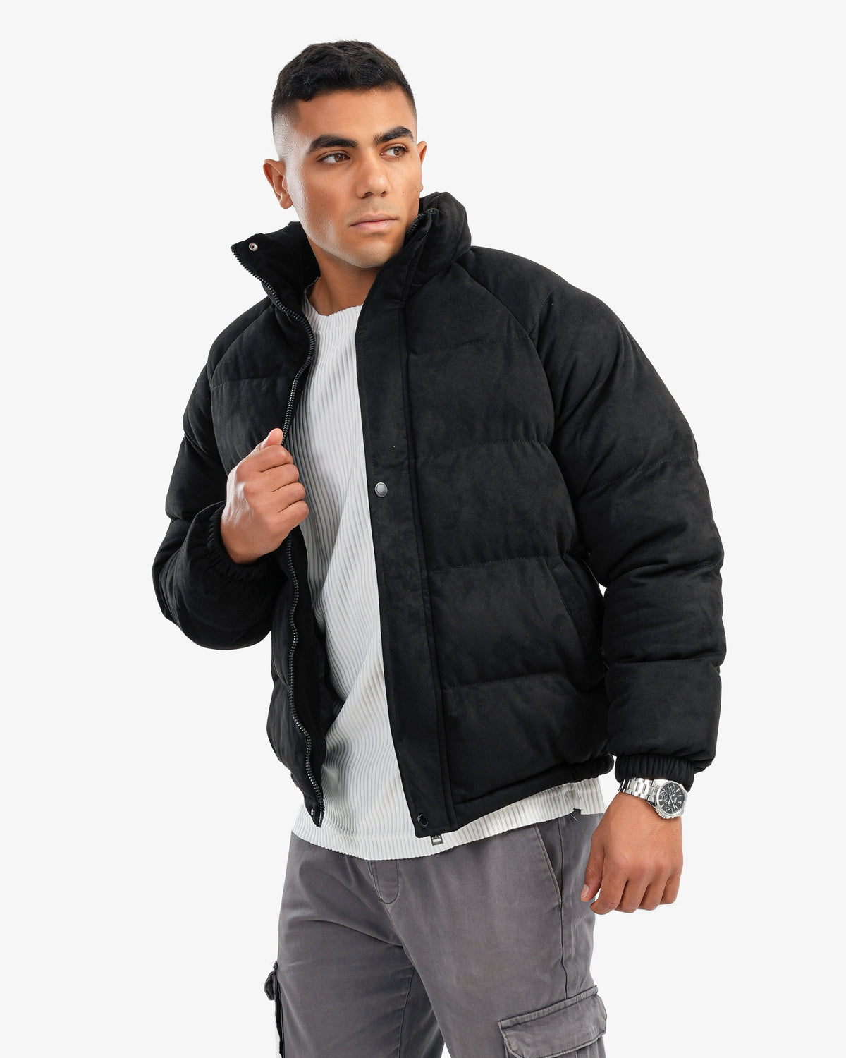 Men's High Collar Puffer Jacket In Black