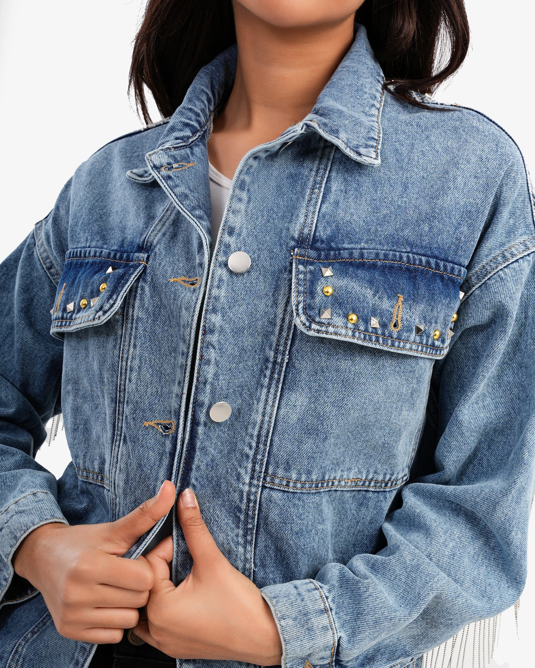 Women's Blue Denim Jacket With Back Pattern