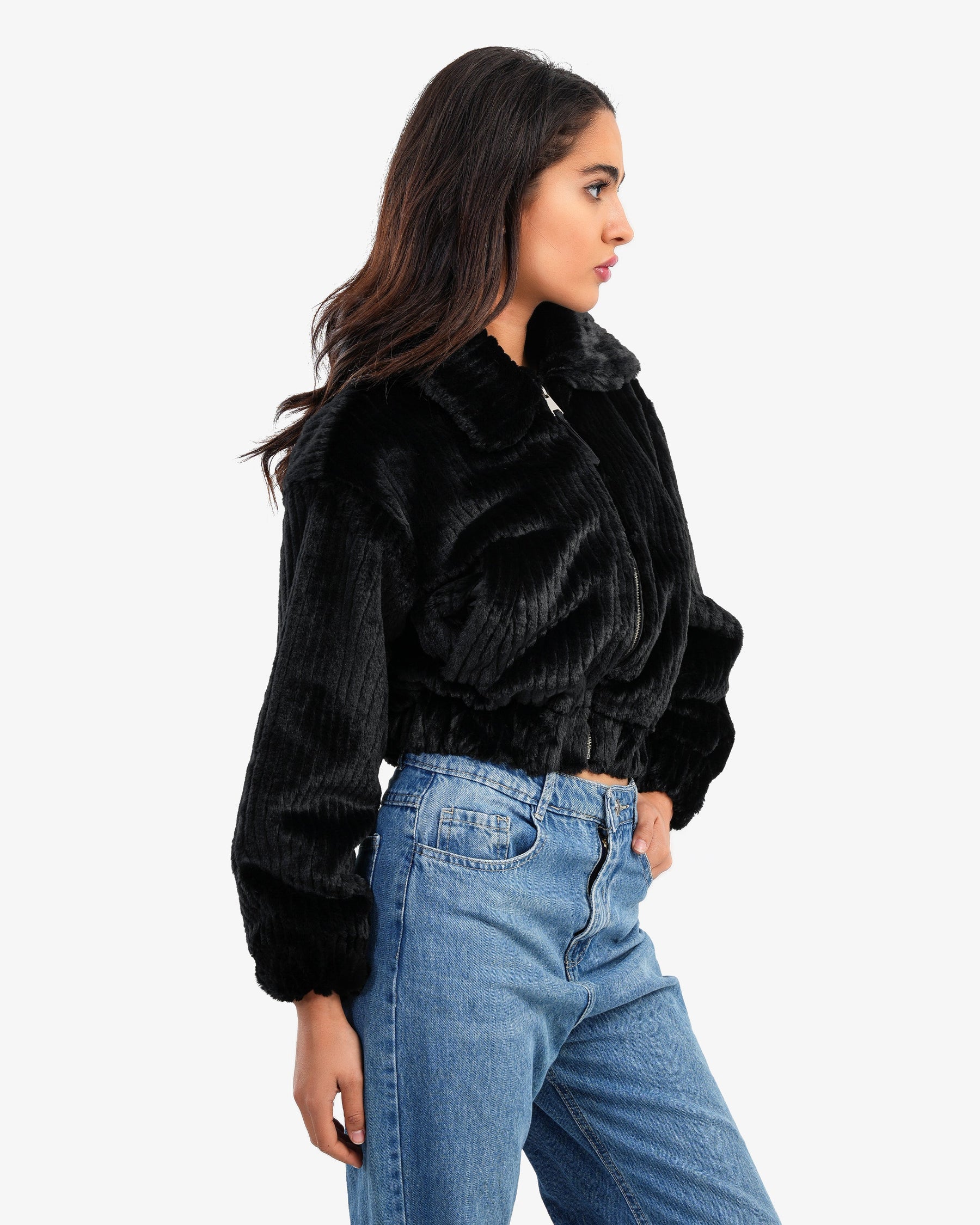 Women's Plain Fluffy Jacket In Black