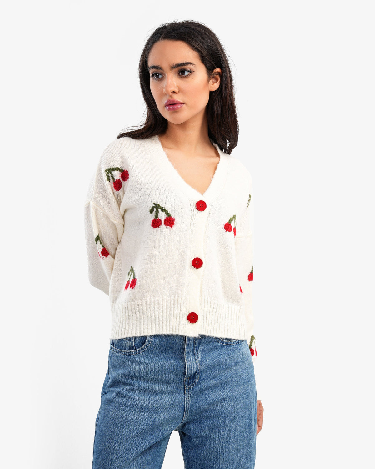 Women's Cherry Pattern V Neck Cardigan In Offwhite