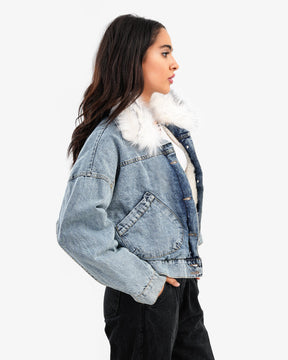 Women's Blue Denim Jacket With Fur